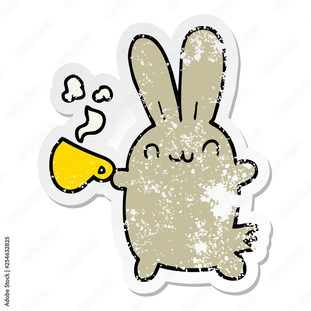distressed sticker of a cute cartoon rabbit drinking coffee distressed sticker of a cute cartoon rabbit drinking coffee