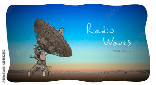 Radio telescope dishes antenna. Vector sketch draw