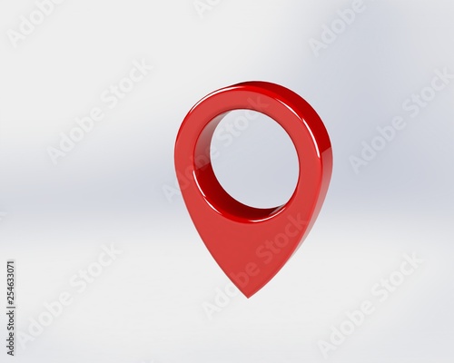 LOCATION pin glossy red arrow. The concept of tagging a sign landmark needle tip to create a route search. Isolated on white background 3D rendering 3D.
