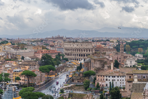 Panoramic view on Rome historic center - Imperial Forum and Colosseum from the median terrace of the Other of the Homeland