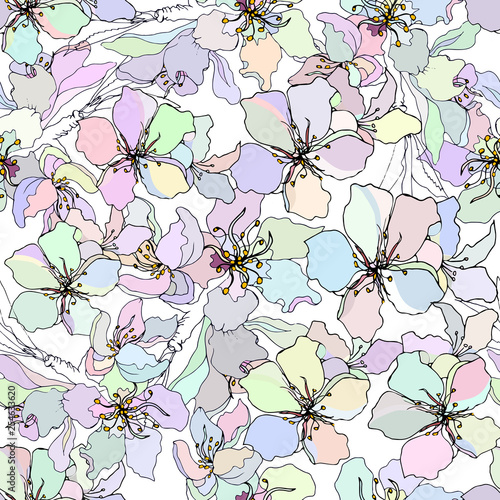 Gentle floral light background. Seamless spring ornament. Hand-drawn. Vintage texture.