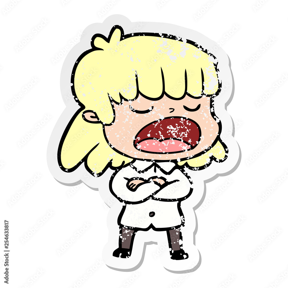 distressed sticker of a cartoon woman talking loudly distressed sticker of a cartoon woman talking loudly