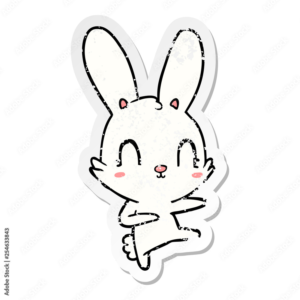 distressed sticker of a cute cartoon rabbit dancing