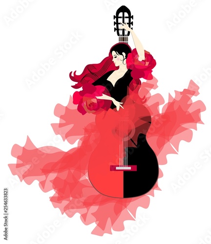 Flamenco logo. Guitar-girl. Elegant dancer in a beautiful long dress on a white background.