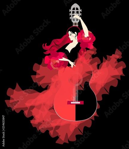 Guitar soul. Girl - flamenco dancer in shape of musical instrument. Beautiful logotype.