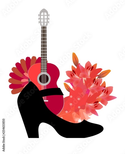 The symbols of flamenco are guitar, fan, red flowers, beautiful polka-dot fabric and dancing slipper. Funny composition on a white background.