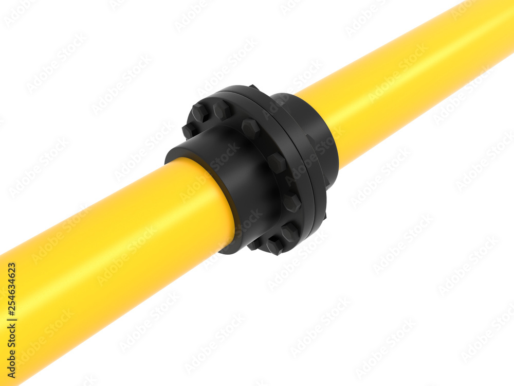 Yellow pipe with black connector. 3d rendering illustration Yellow pipe with black connector. 3d rendering illustration