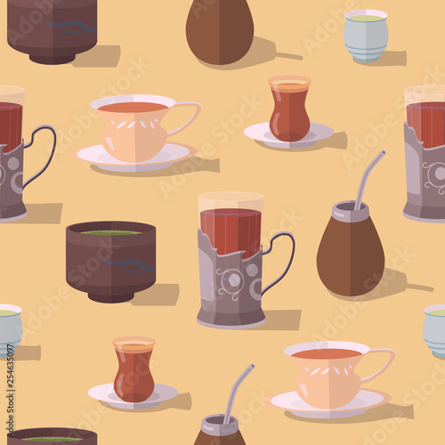 Seamless vector pattern - tea cups, chawan, glass in cup holder, calabash gourd. Russian, turkish, japanese, chinese tea, matcha, yerba mate. Flat design. 