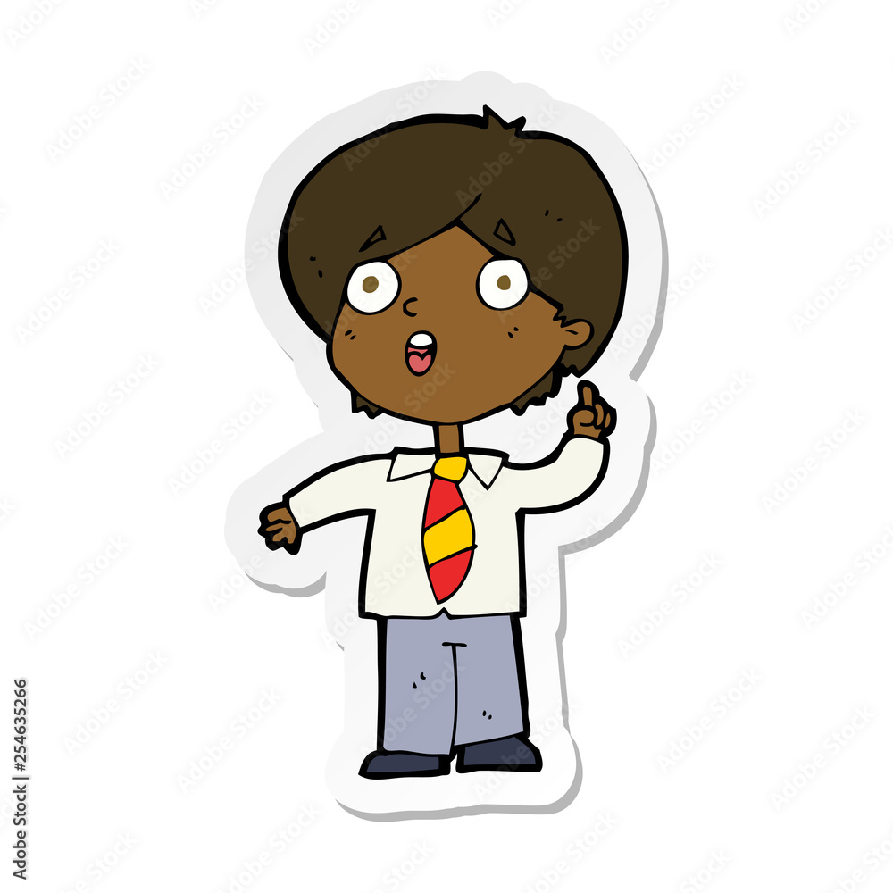 sticker of a cartoon schoolboy answering question sticker of a cartoon schoolboy answering question