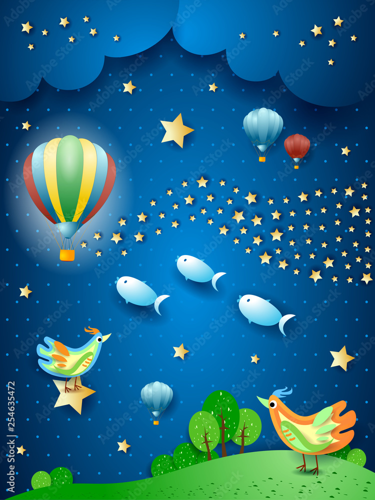 Surreal night with balloon, wave of stars, birds and flying fishes Surreal night with balloon, wave of stars, birds and flying fishes