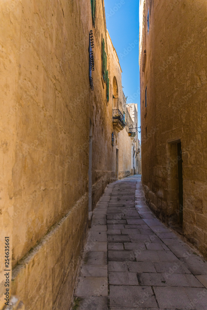 Narrow street in the town of Mdina, Malta in sunny day
