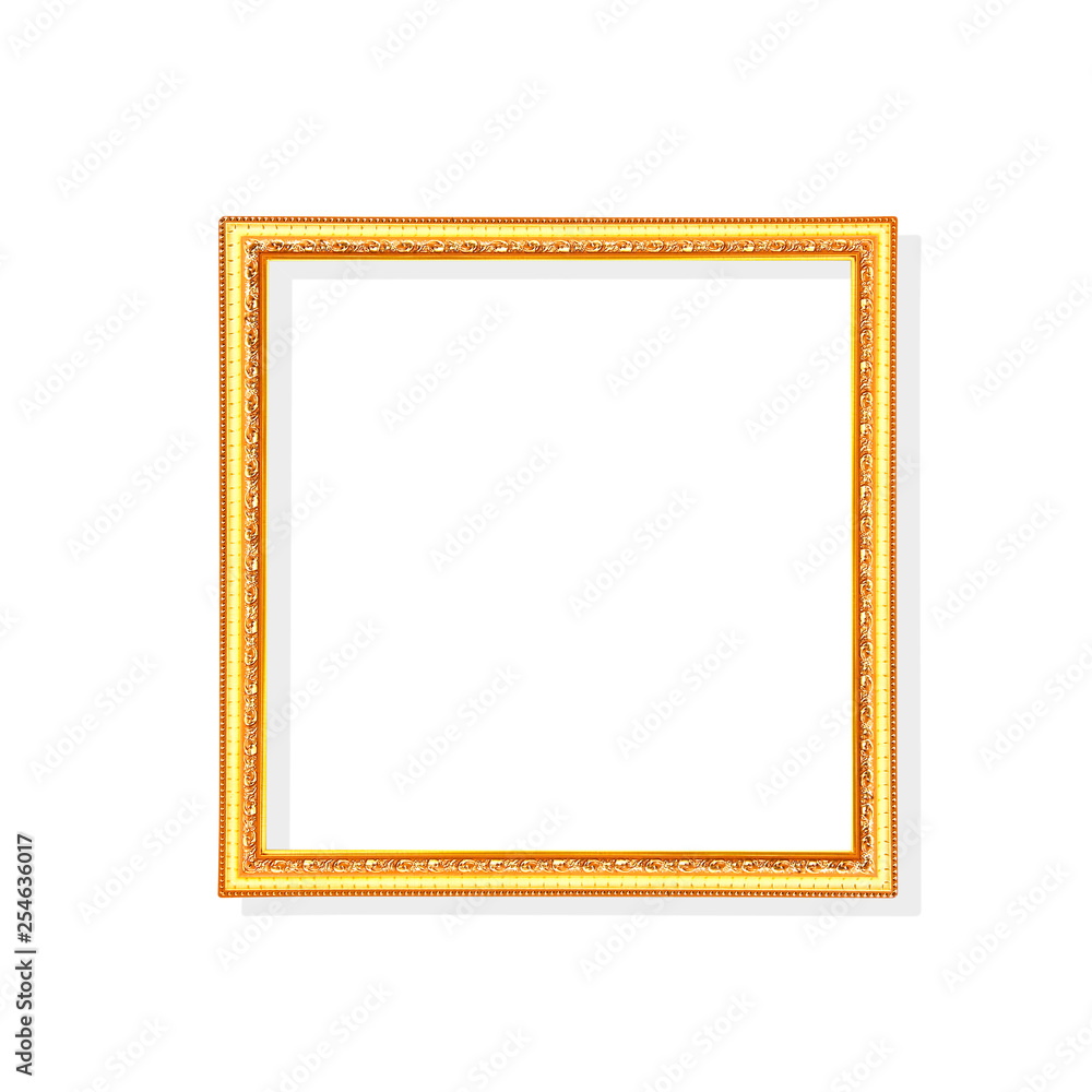 Gold or bright yellow picture frame with carving in leaves patterns isolated on white background with clipping path Gold or bright yellow picture frame with carving in leaves patterns isolated on white background with clipping path