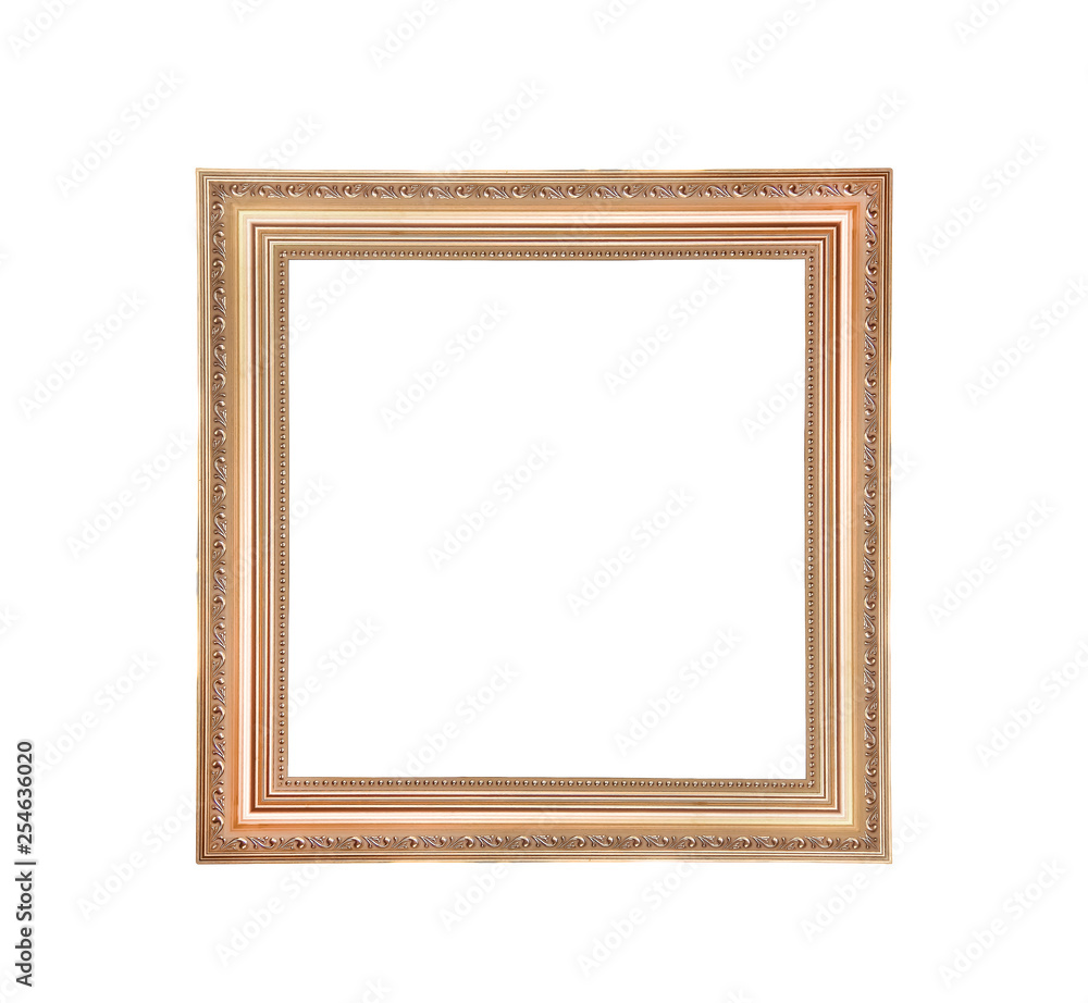 Old brown picture frame with carving in leaves and line patterns isolated on white background with clipping path., overlap many layer Old brown picture frame with carving in leaves and line patterns isolated on white background with clipping path., overlap many layer