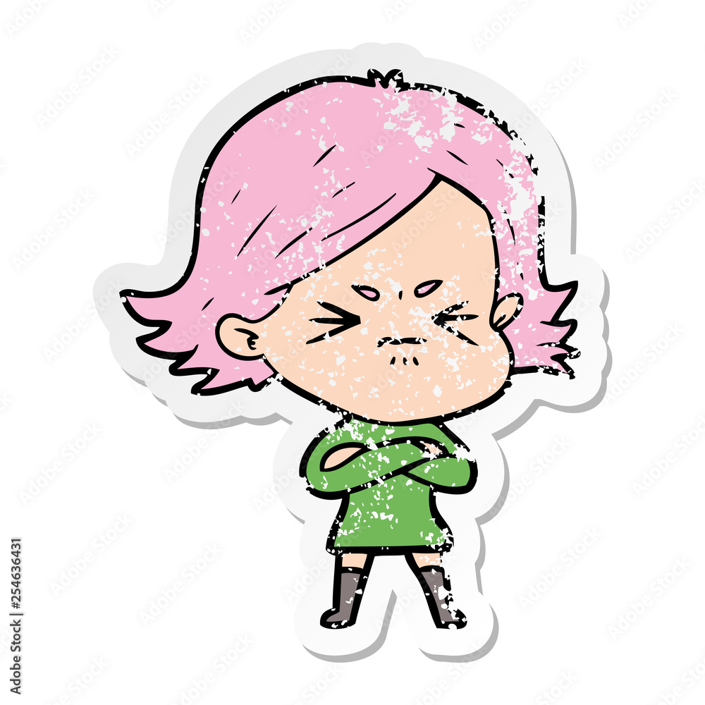 distressed sticker of a cartoon angry girl distressed sticker of a cartoon angry girl