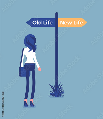 Signpost pole to direct a woman, old and new life choice. Young person choosing a road, start of another way, thinking of decision to begin and change lifestyle, become different. Vector illustration