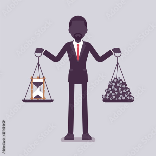 Time, money good balance for businessman. Man able to find harmony, pleasant agreement of profit, life accord, holding weights in both hands, right lifestyle. Vector illustration, faceless characters