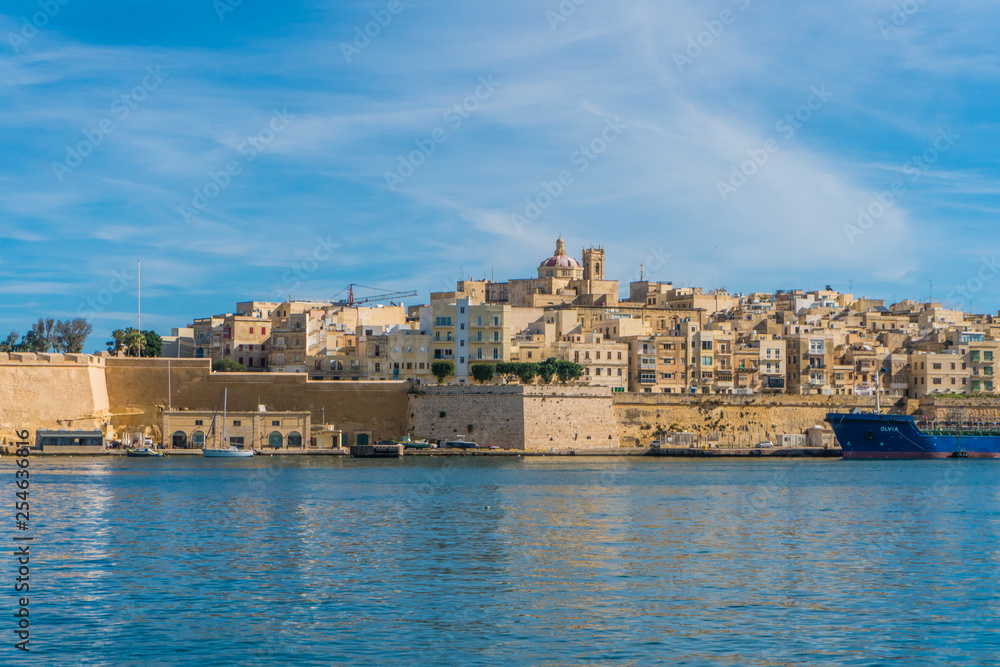 View from the boat on the picturesque gulf and Three cities, Malta
