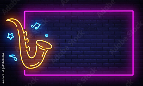Jazz Music Neon Signboard in Frame Vector. Live music neon sign, design template, modern trend design, night neon signboard, night bright advertising, light banner. Vector illustration