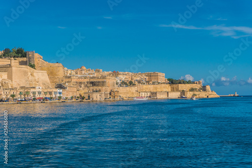 View from the boat on the picturesque gulf and Three cities, Malta