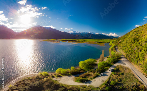 Aerial drone view, north side of Lake Wanaka at Makarora, South Island, New Zealand photo