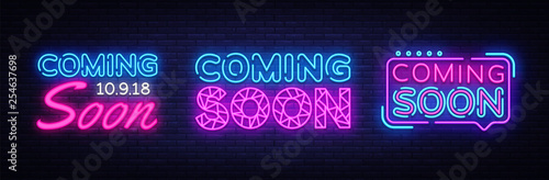Big collection neon signs Coming Soon. Coming Soon Neon Banner Vector. Design template, modern trend design, night light signboard, night bright advertising. Vector illustration