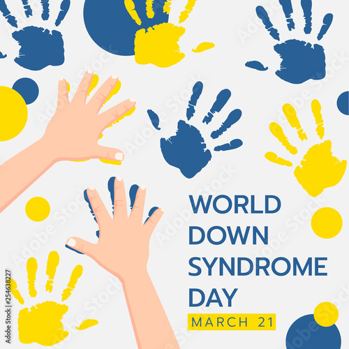 World down syndrom day banner with child hand doing yellow and blue hand paint abstract background  vector design photo