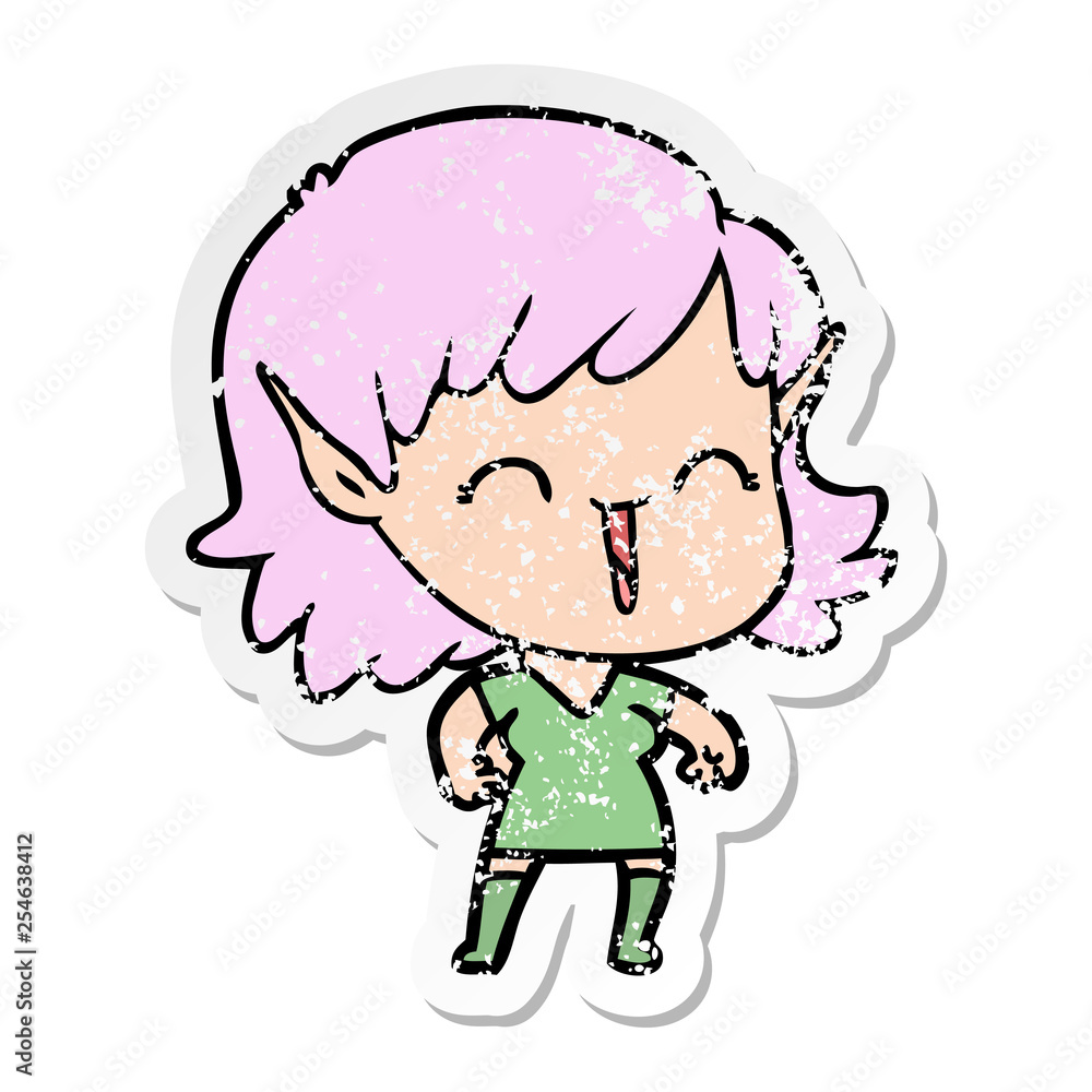 distressed sticker of a cartoon elf girl distressed sticker of a cartoon elf girl