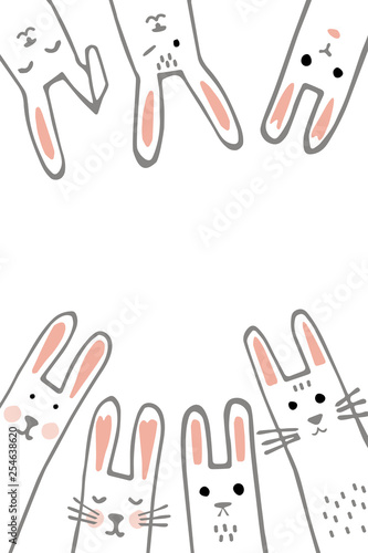 Happy Easter banner frame with funny bunny faces. Rabbits border or greeting card. Vector