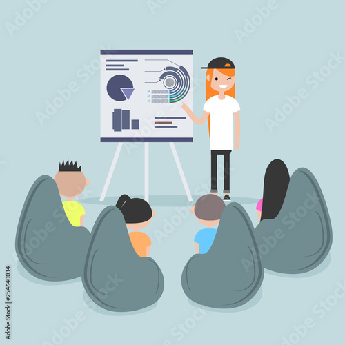 Staff education. Office workshops and seminars.Career. Modern workers. Flat cartoon design.Clip art