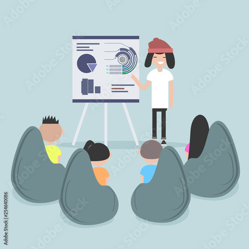 Staff education. Office workshops and seminars.Career. Modern workers. Flat cartoon design.Clip art