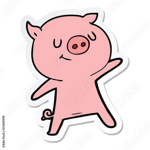 sticker of a happy cartoon pig waving