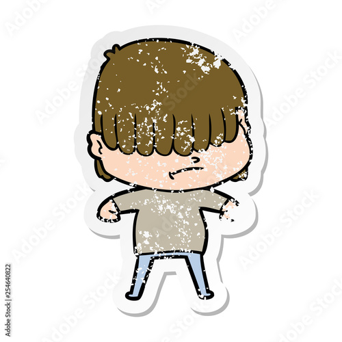 distressed sticker of a cartoon boy with untidy hair