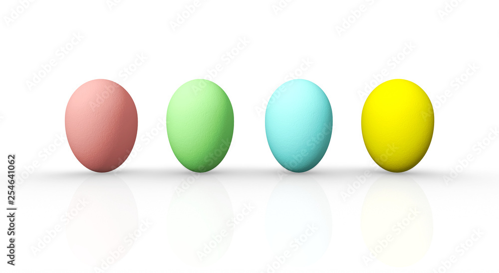 Front view four colorful easter eggs on white background,3D rendering Front view four colorful easter eggs on white background,3D rendering