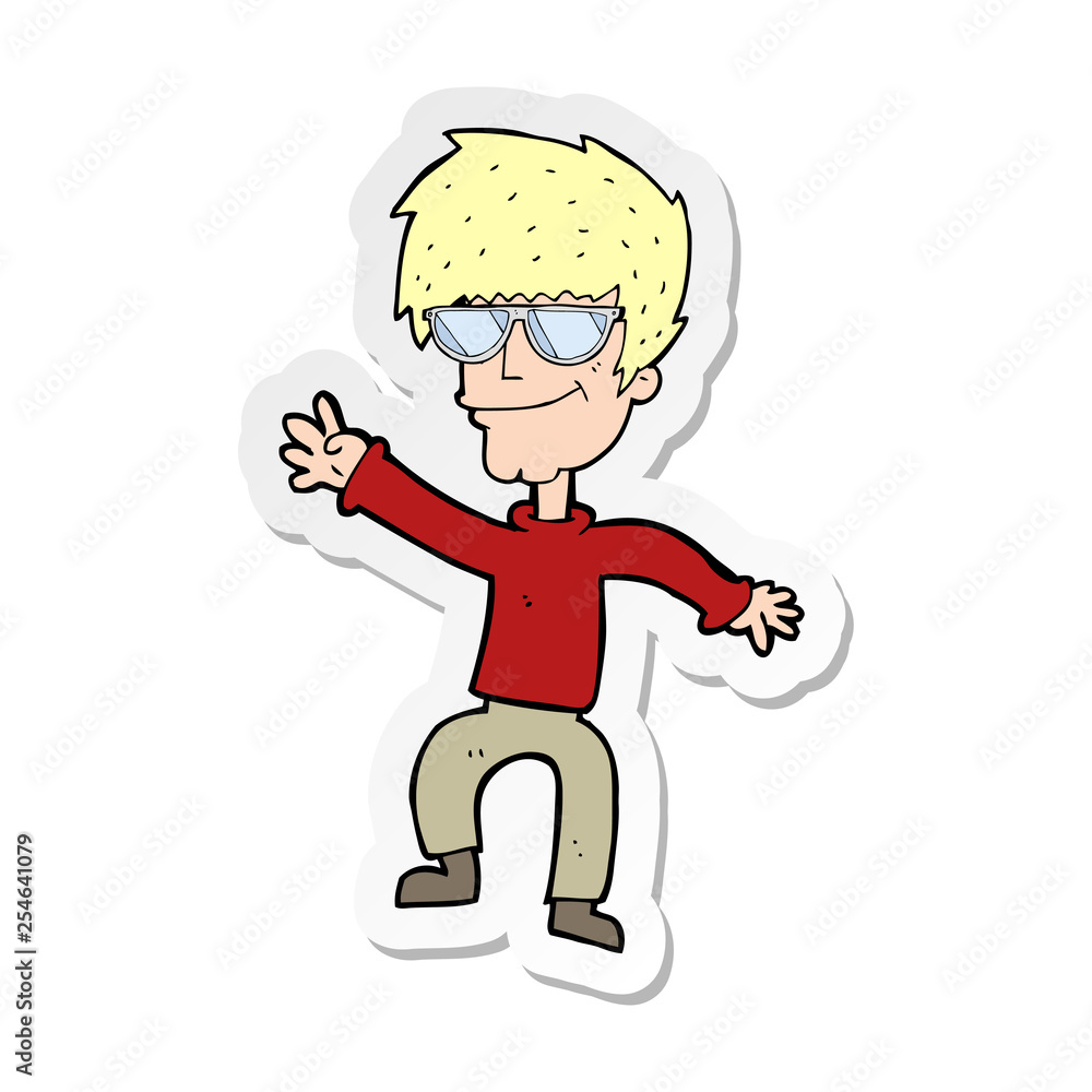 sticker of a cartoon waving cool guy sticker of a cartoon waving cool guy
