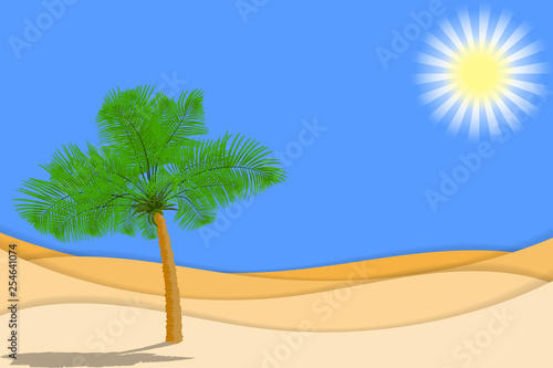 Desert landscape with palm and sand desert. Paper layers as desert design
