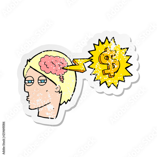 retro distressed sticker of a thinking of ways to make money cartoon