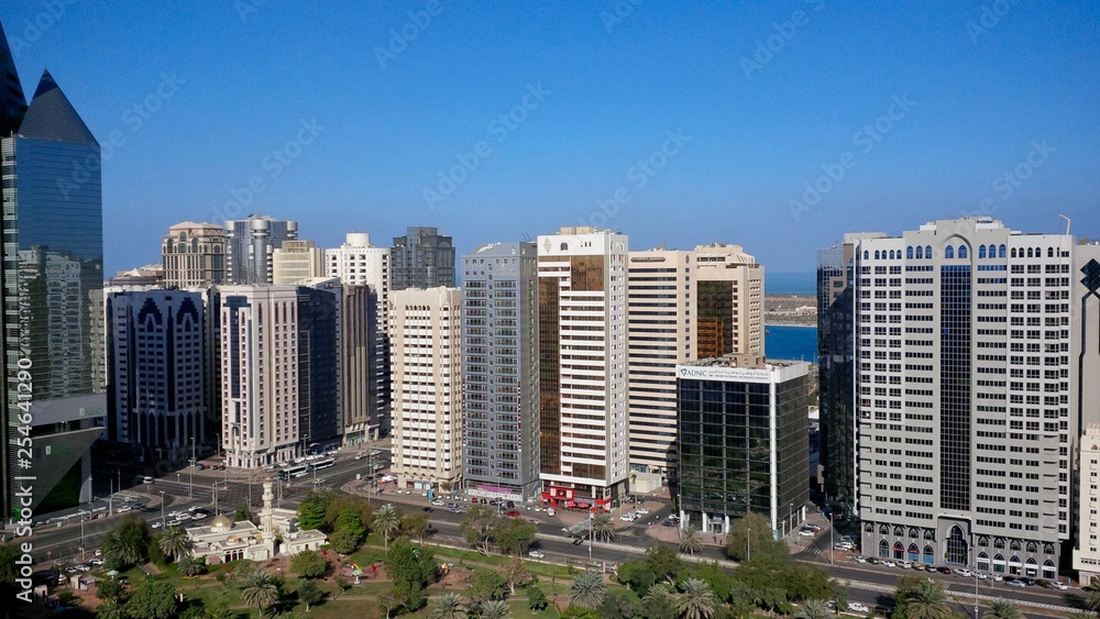 View of Capital Garden and the surrounding skyscrapers in downtown Abu Dhabi.  Also known as Al Asema Park, it is one of the oldest parks in the capital. United Arab Emirates