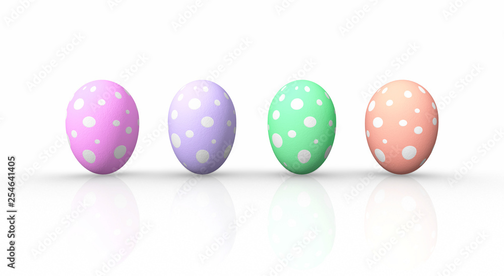 Front view four colorful easter eggs on white background,3D rendering Front view four colorful easter eggs on white background,3D rendering