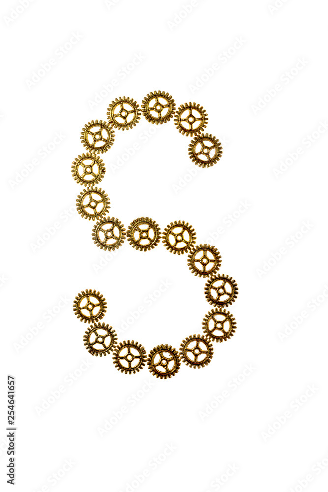 Alphabet letter S made of metal gears. Isolated on white background. Steampunk style