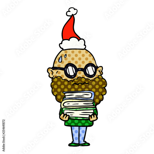 comic book style illustration of a worried man with beard and stack of books wearing santa hat