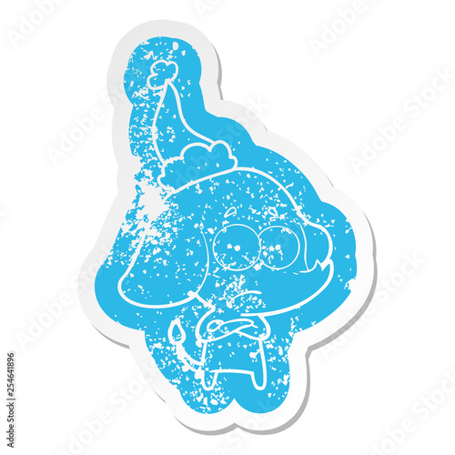 cartoon distressed sticker of a unsure elephant wearing santa hat