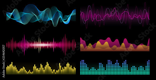 Colorful sound waves on black background set, audio player, equalizer