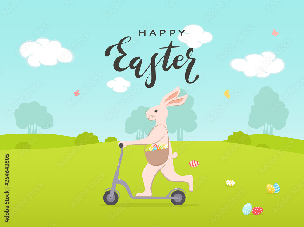 Easter Bunny with Painted Eggs on a Scooter Easter Bunny with Painted Eggs on a Scooter