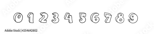 Vector hand drawn 3D line art numbers set. Signs as sketched art, ouline font. Latin alphabet numbers from 1 to 0. Isolated without background. Funny text for birthday party, creative numeric text.