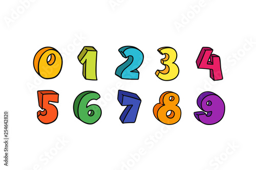 Vector hand drawn 3D line art numbers set. Signs as sketched art, ouline font. Latin alphabet numbers from 1 to 0. Isolated without background. Funny text for birthday party, creative numeric text.