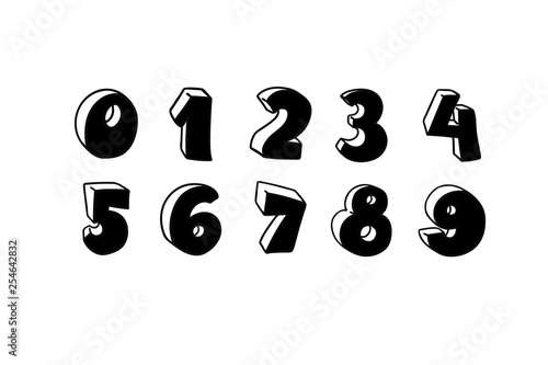 Vector hand drawn 3D line art numbers set. Signs as sketched art, ouline font. Latin alphabet numbers from 1 to 0. Isolated without background. Funny text for birthday party, creative numeric text.