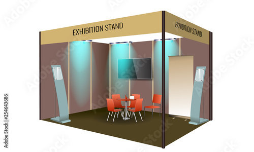 Exhibition stand display design with table and chair, info board. Commercial exhibition Booth template for Corporate identity. Vector illustration.