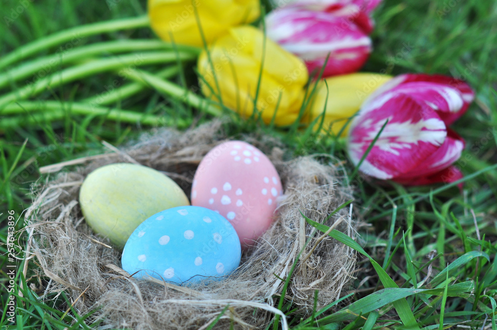 painted Easter eggs in a nest on green grass and a bouquet of tulips, an Easter card, a festive concept