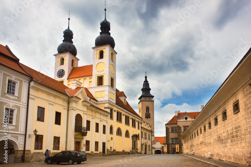 Jesus church in old european city Telc, Czech republic. Europe architecture. Medieval architecture. Cathedral.