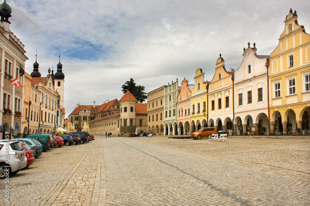 Main square in beautiful medieval city of Telc, Czech republic. Medieval architecture.